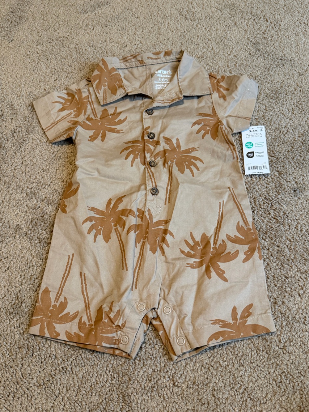 Carter's Boys 3-6 M Palm Tree Brown Short Sleeve Romper Button One-Piece NWT